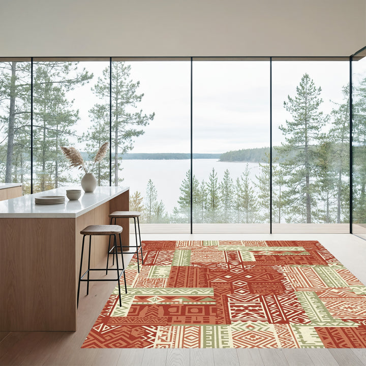 Terracotta Sage Geometric Patchwork Rug