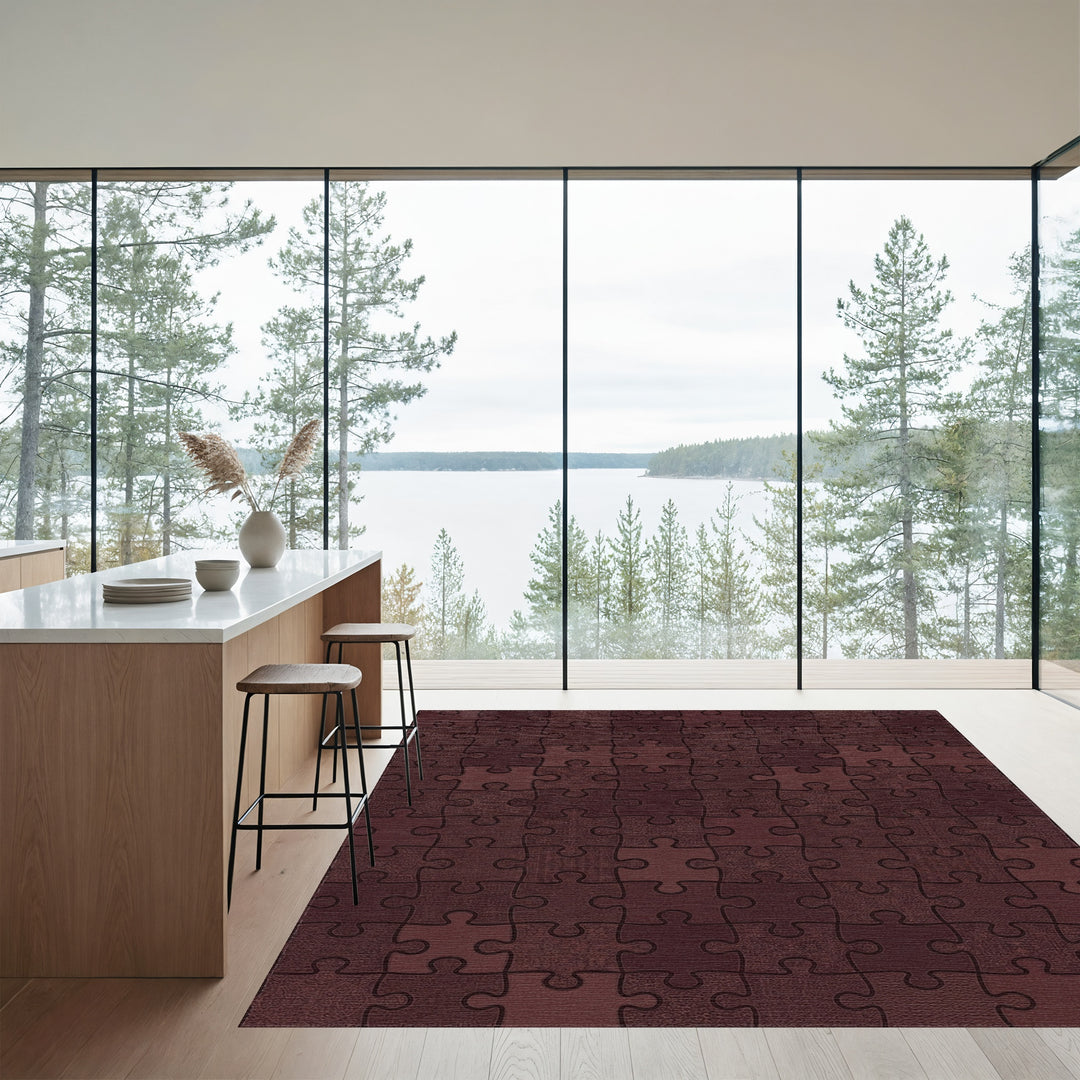 Deep Red Puzzle Piece Collage Rug