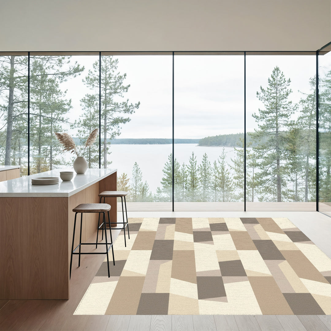 Geometric Beige Wood Block Facade Rug