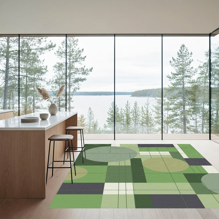 Abstract Green Geometric Circles and Squares Rug
