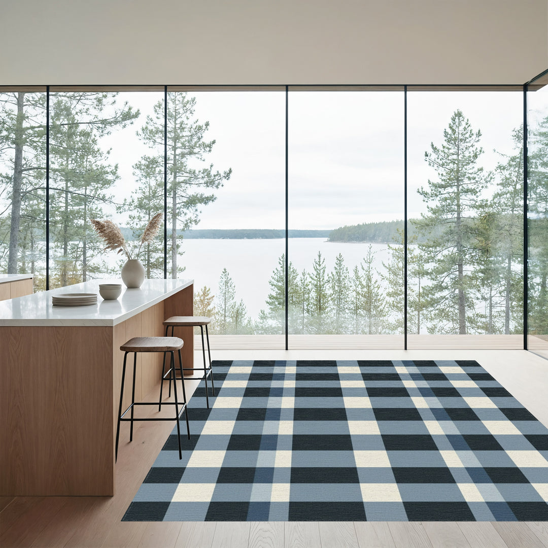 Classic Navy Cream Plaid Squares Rug