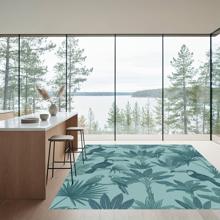 Teal Toucan and Parrot Tropical Jungle Rug