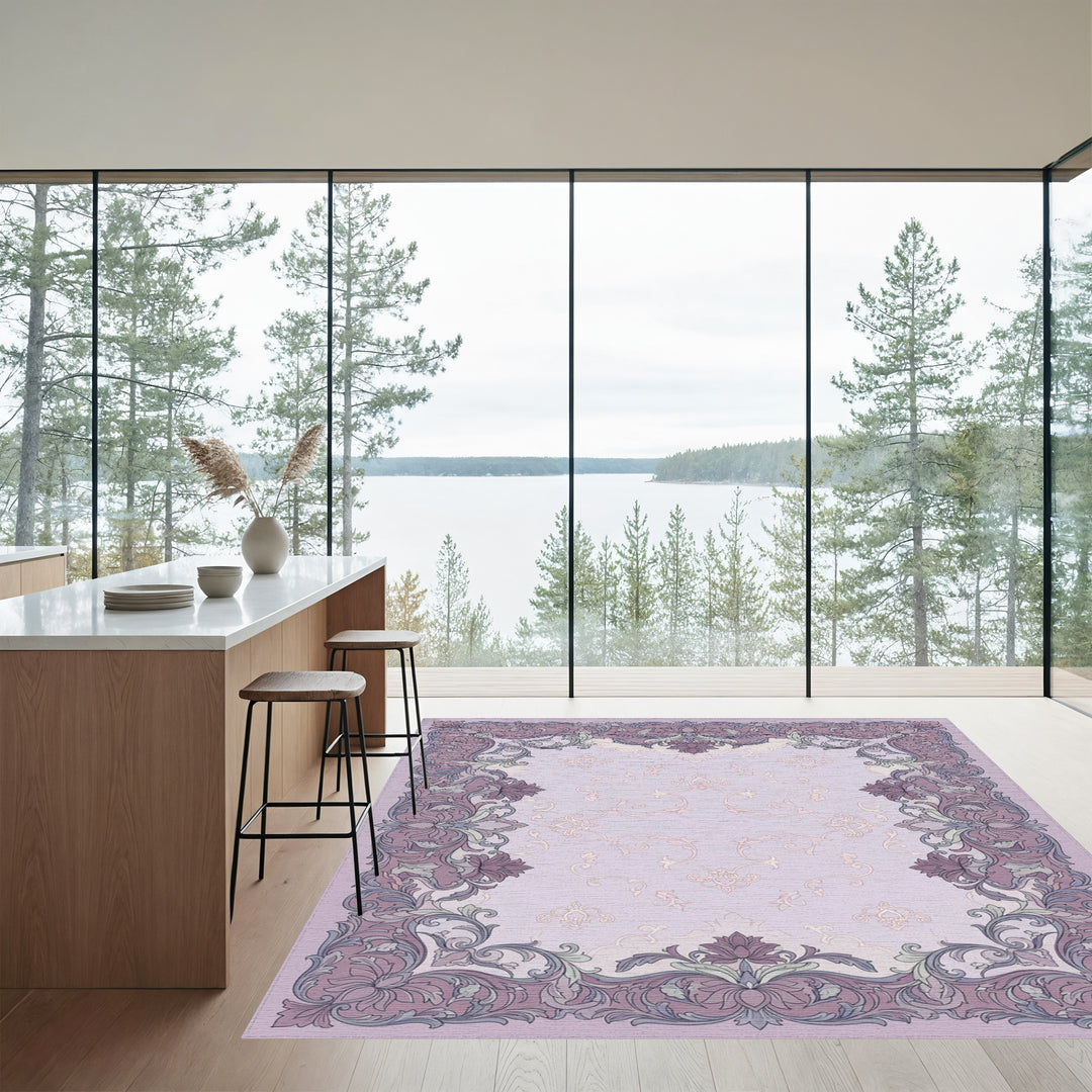 Ornate Lavender Floral Scrollwork Rug
