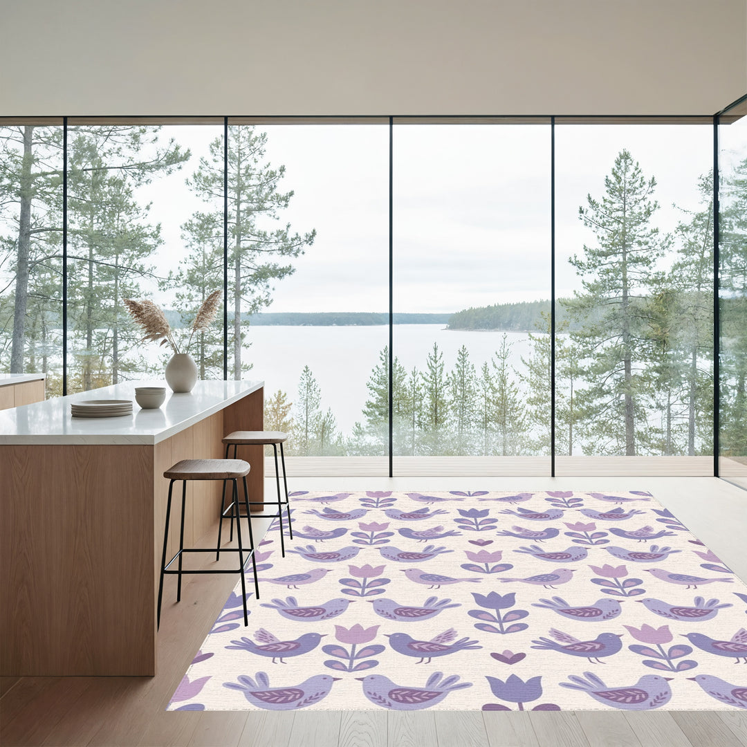 Whimsical Purple Bird Tulip Garden Rug
