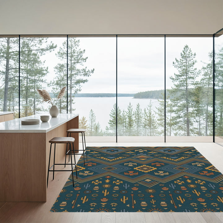 Teal Earth Tones Thunderbird Geometric Rug
