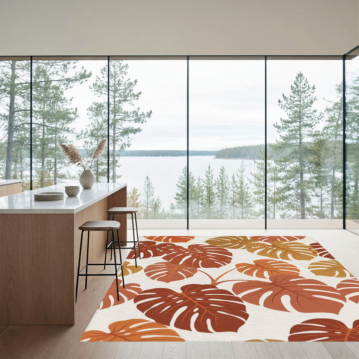 Earthy Monstera Leaf Tropical Weave Rug