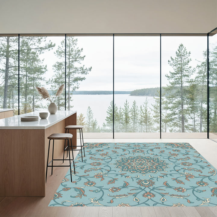 Teal Coral Floral Medallion Vines Rug