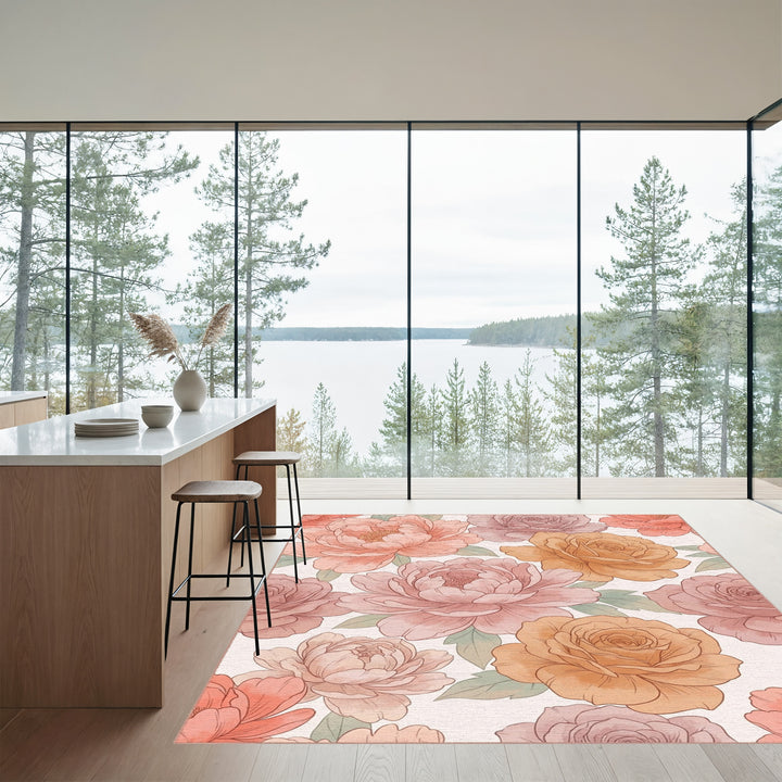 Soft Peach Rose Peony Watercolor Blend Rug