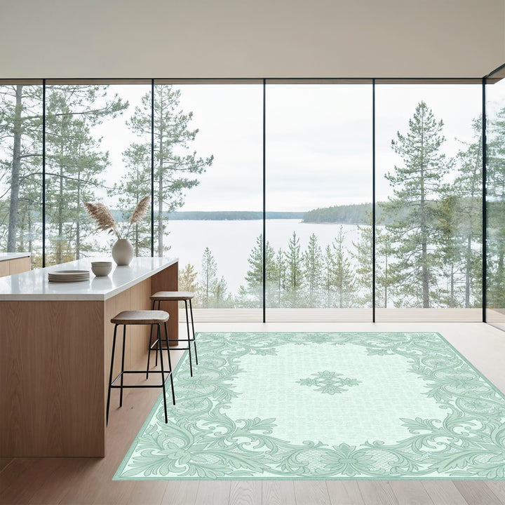 Pale Green Floral Scrollwork Medallion Rug