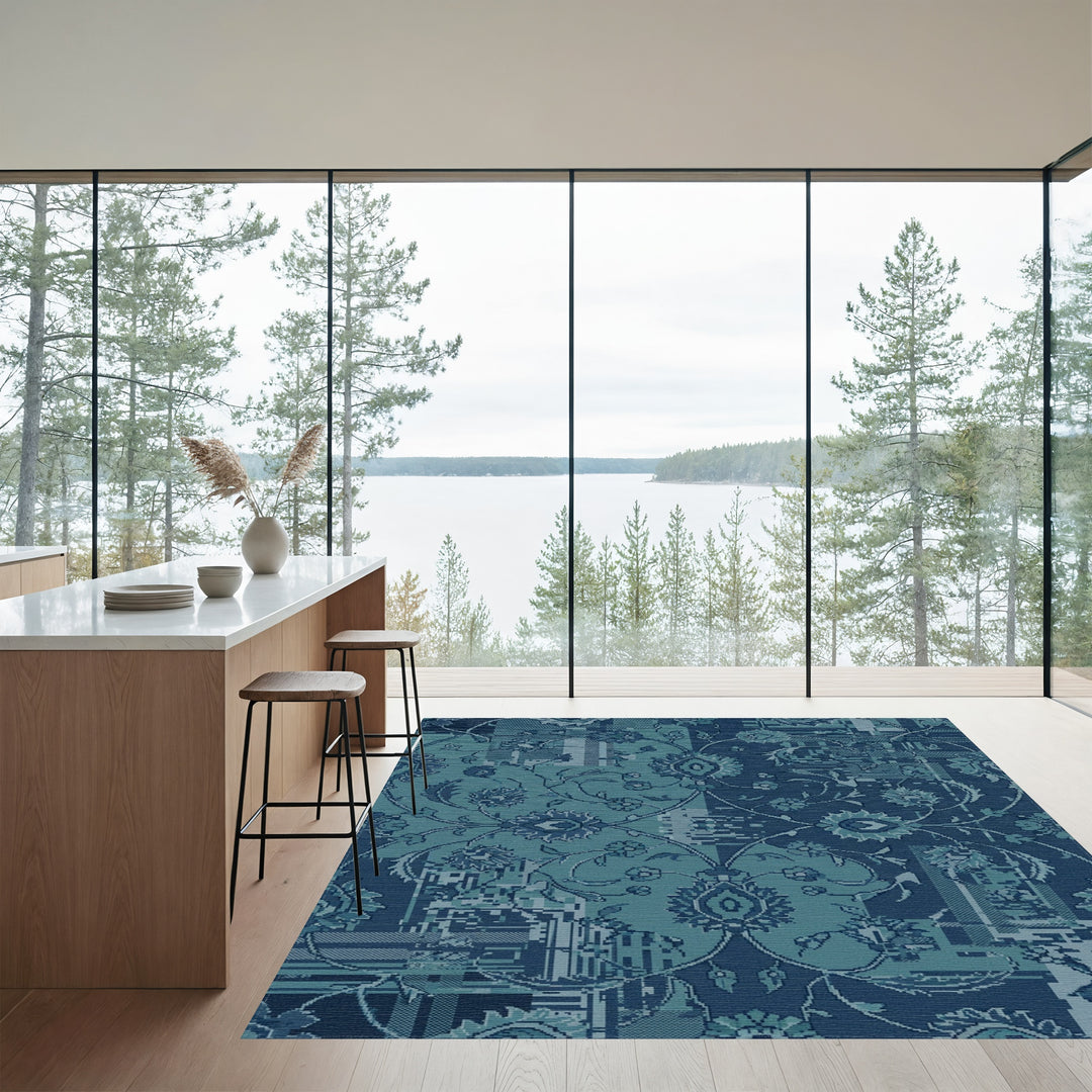Teal Blue Botanical Pixelated Medallions Rug