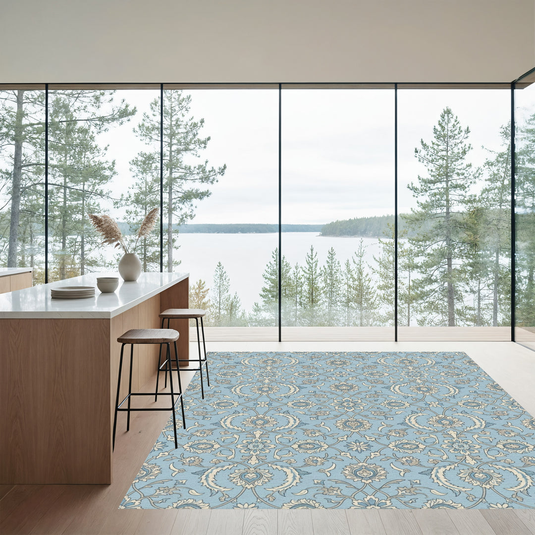 Light Blue Floral Arabesque Medallion Rug