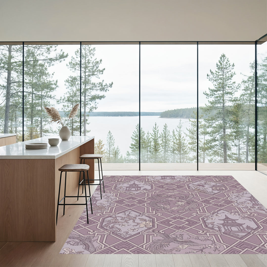 Mauve Dragon Phoenix Pagoda Blossom Tile Rug