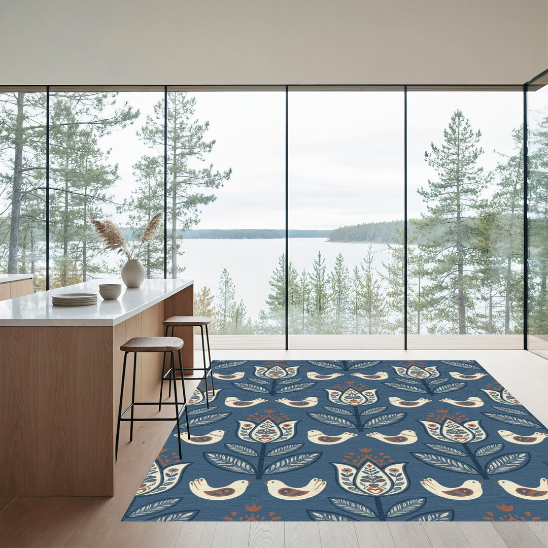 Dark Blue Folk Art Floral Bird Rug