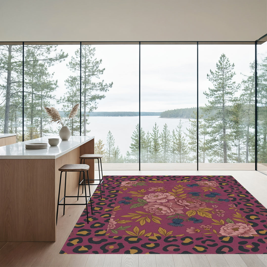 Burgundy Floral Leopard Border Rug