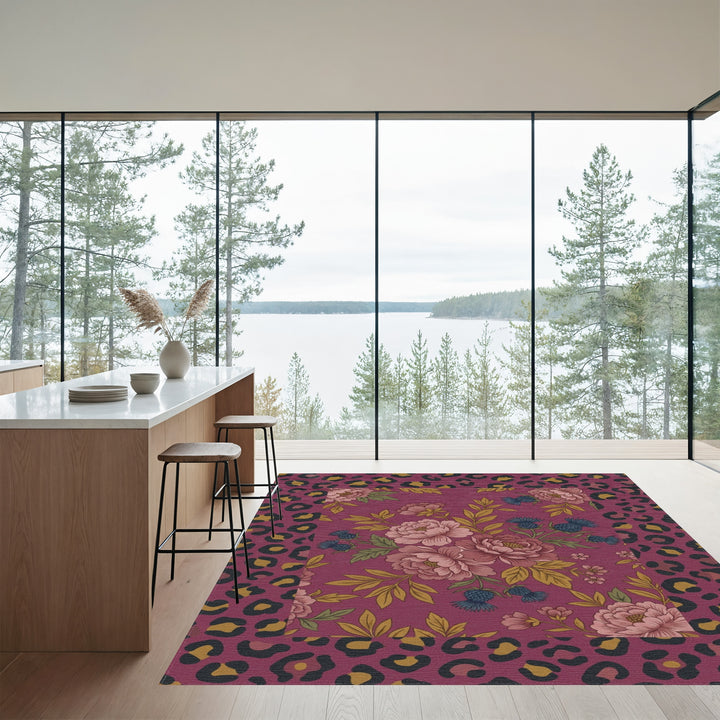 Burgundy Floral Leopard Border Rug