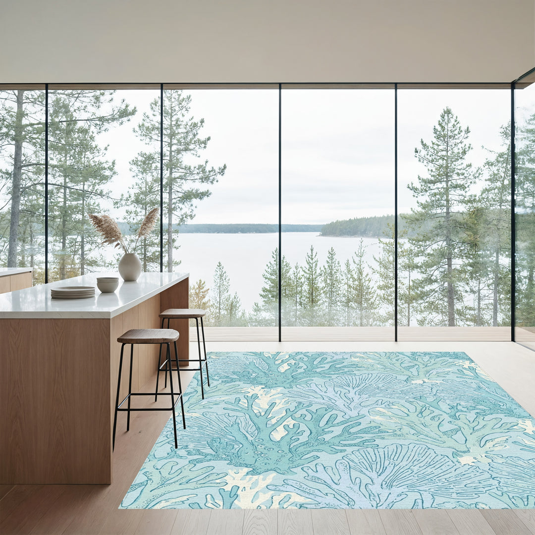 Oceanic Blue Coral Branch Arrangement Rug