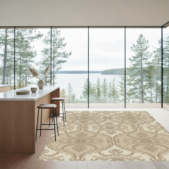 Vintage Beige Damask Floral Scroll Rug