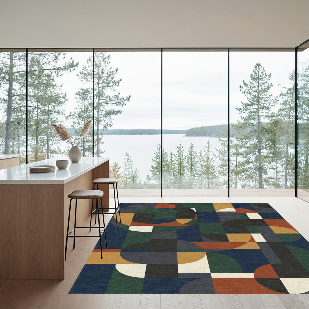 Mid Century Circles Squares Ochre Navy Rug