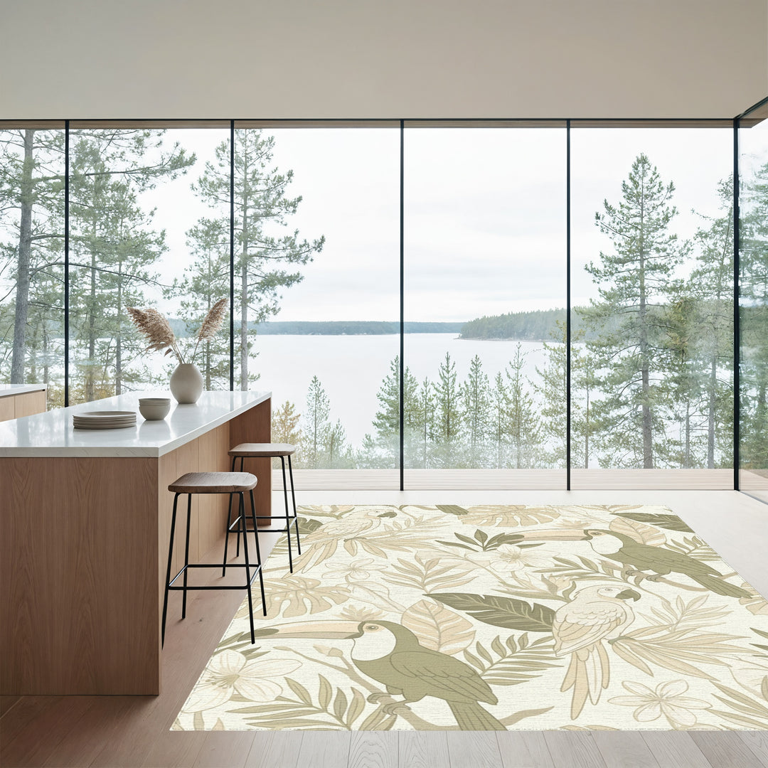 Toucans Parrots Tropical Foliage Beige Rug