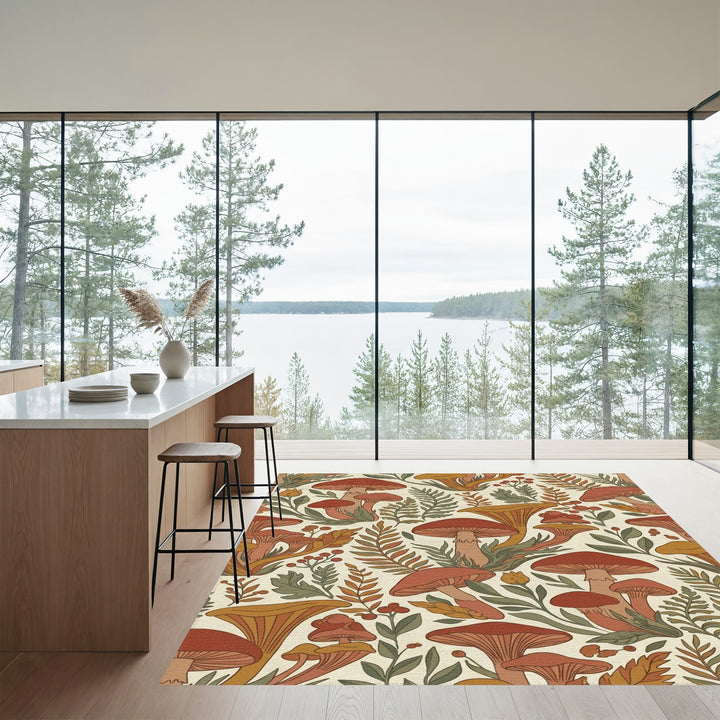 Rusty Mushroom Forest Foliage Scene Rug