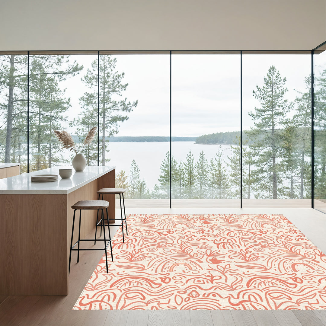 Coral Abstract Floral Rainbow Swirls Rug