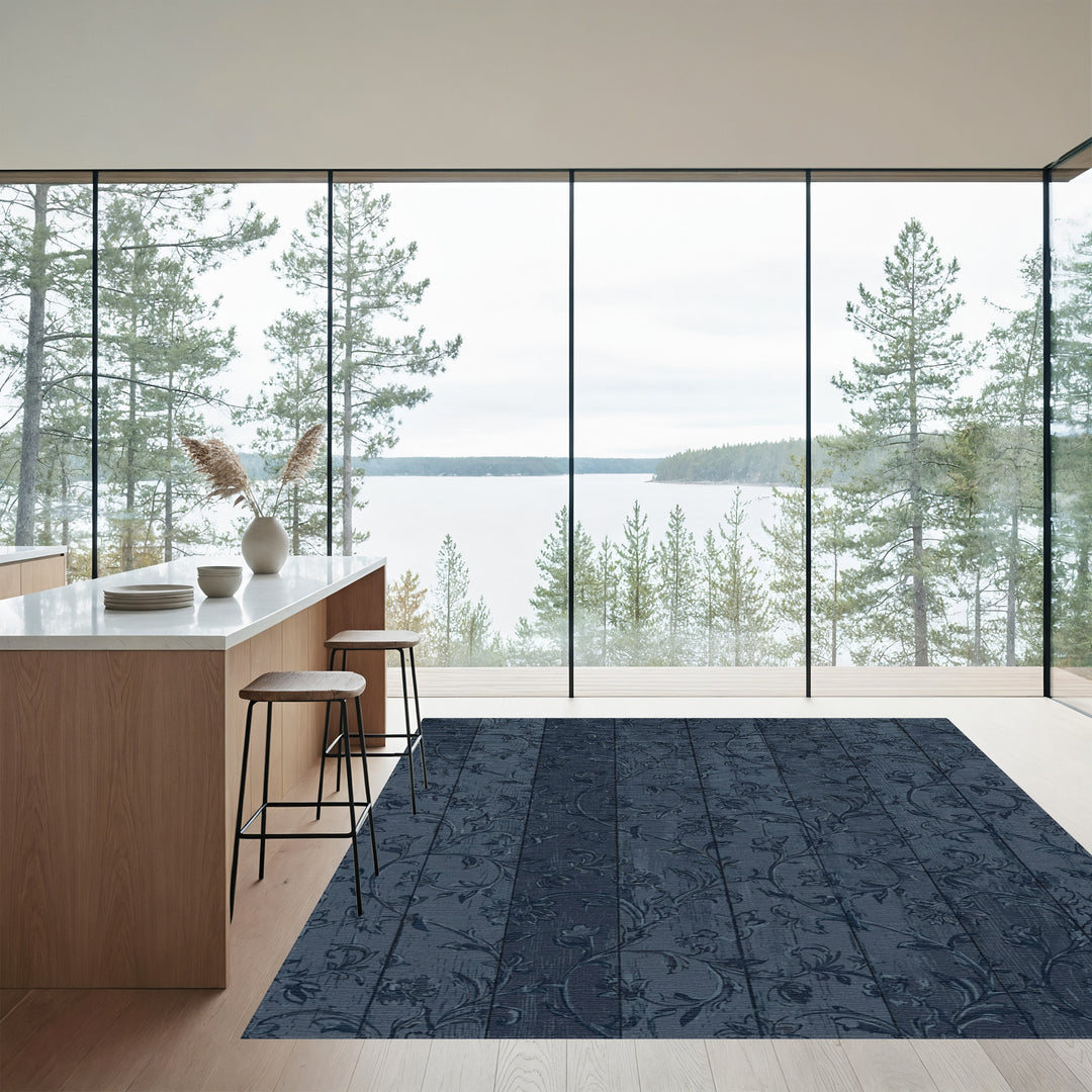 Navy Wood Floral Jacobean Rug