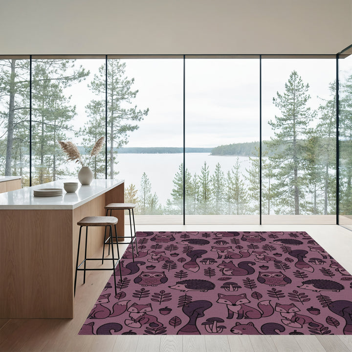 Woodland Creatures Fox Owl Hedgehog Mushrooms Rug