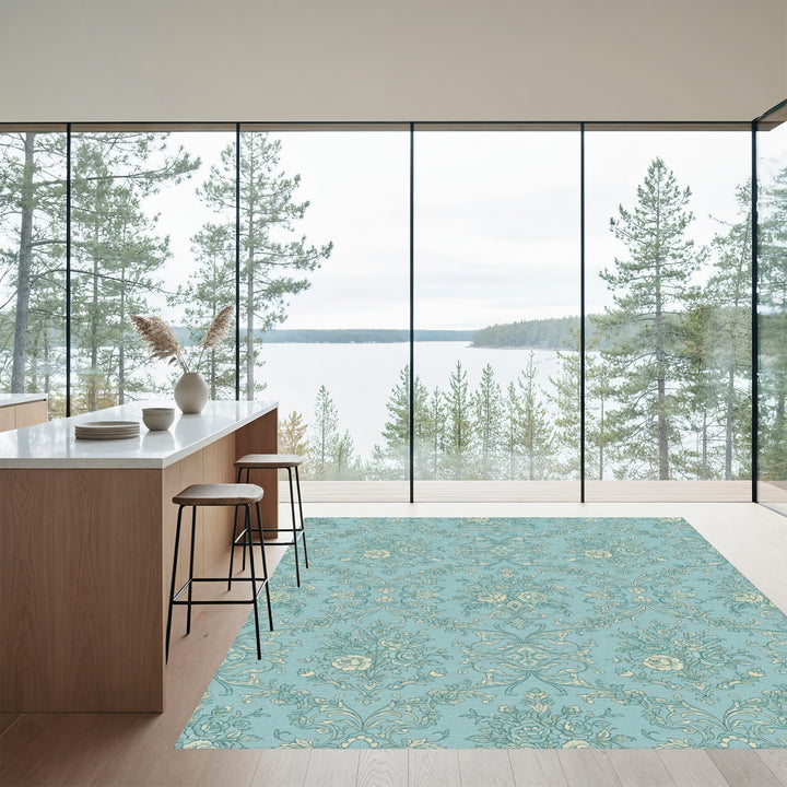 Aqua Floral Arrangement Vintage Scroll Rug