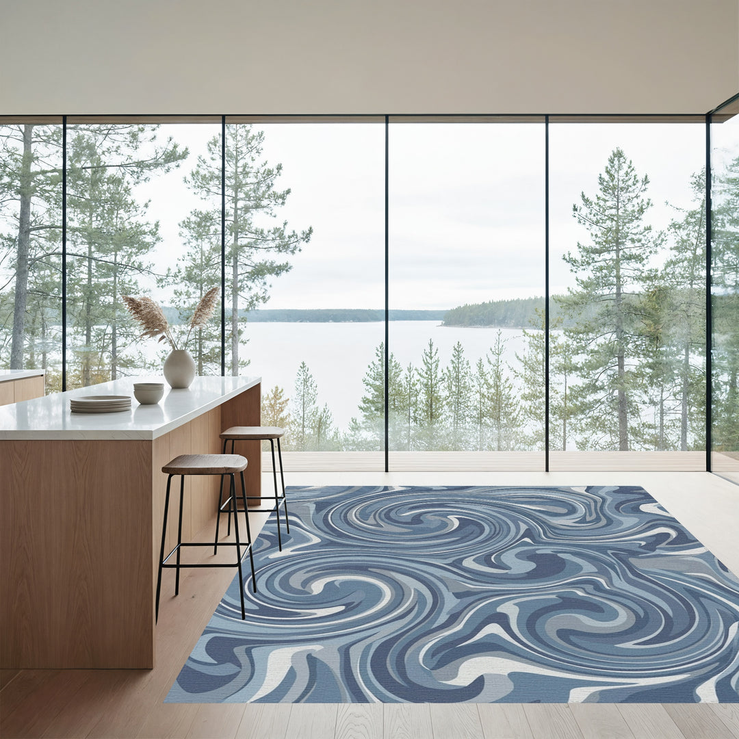 Abstract Blue Swirl Marbled Rug