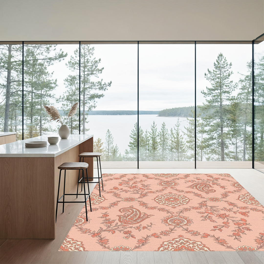 Coral Pink Paisley Garden Medallion Rug