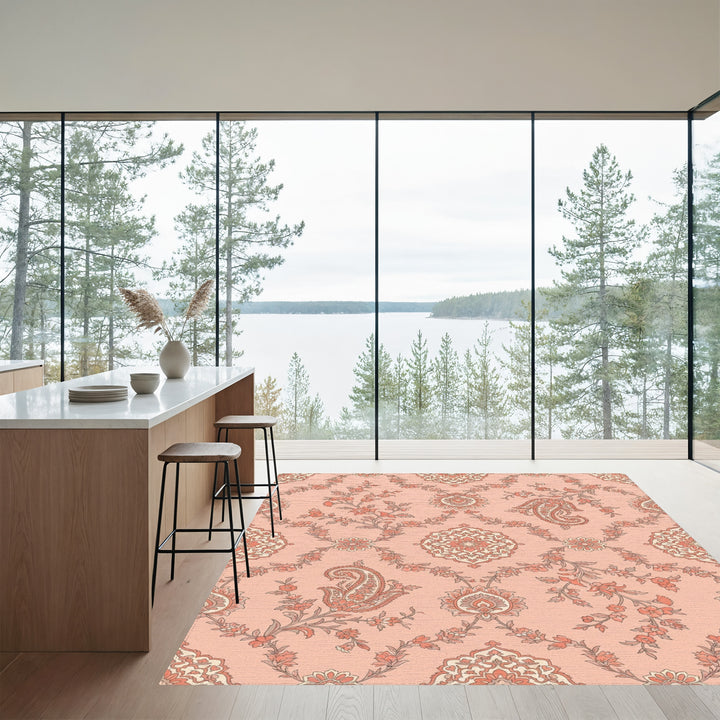 Coral Pink Paisley Garden Medallion Rug