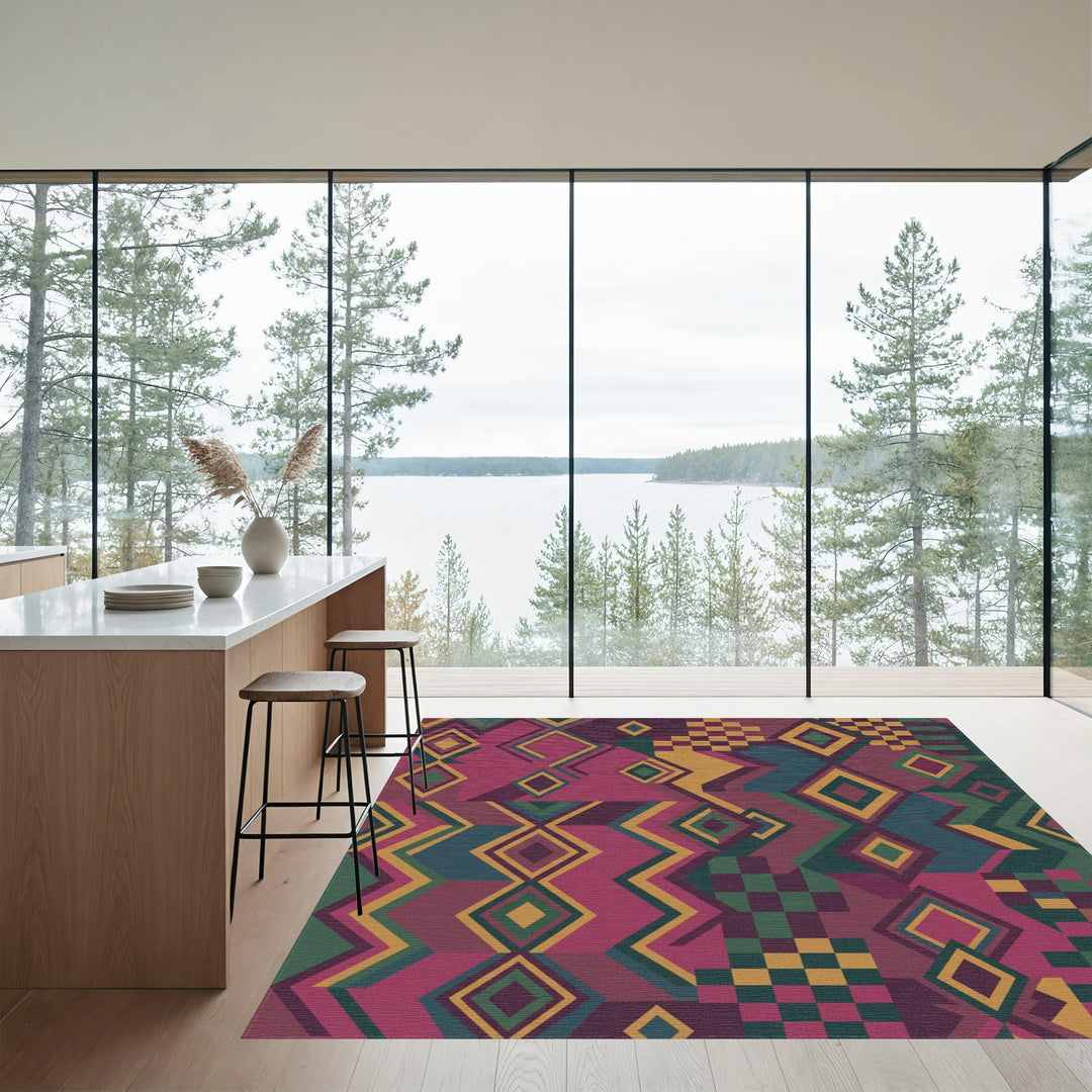 Crimson Teal Gold Geometric Diamond Patchwork Rug