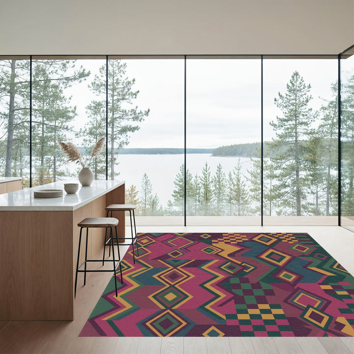 Crimson Teal Gold Geometric Diamond Patchwork Rug
