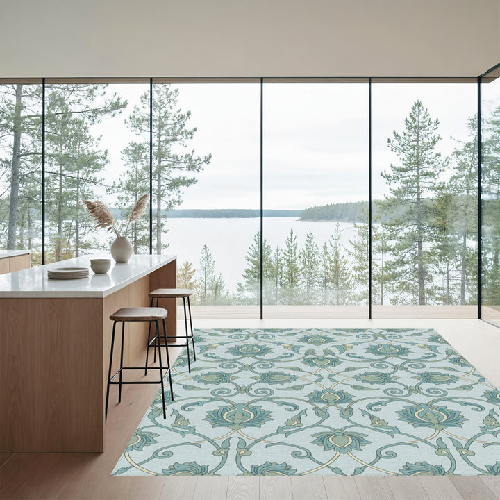 Serene Blue Green Floral Lattice Rug