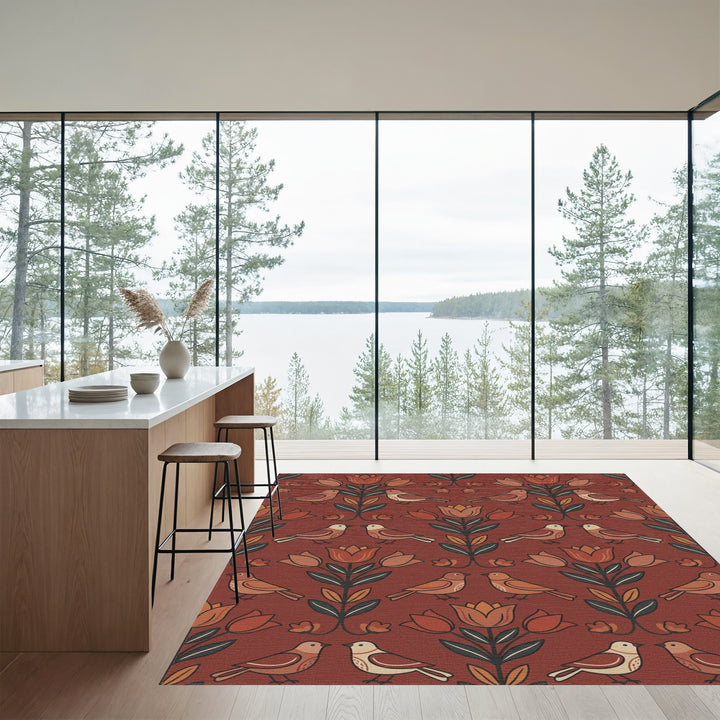 Terracotta Birds and Tulips Folk Art Rug