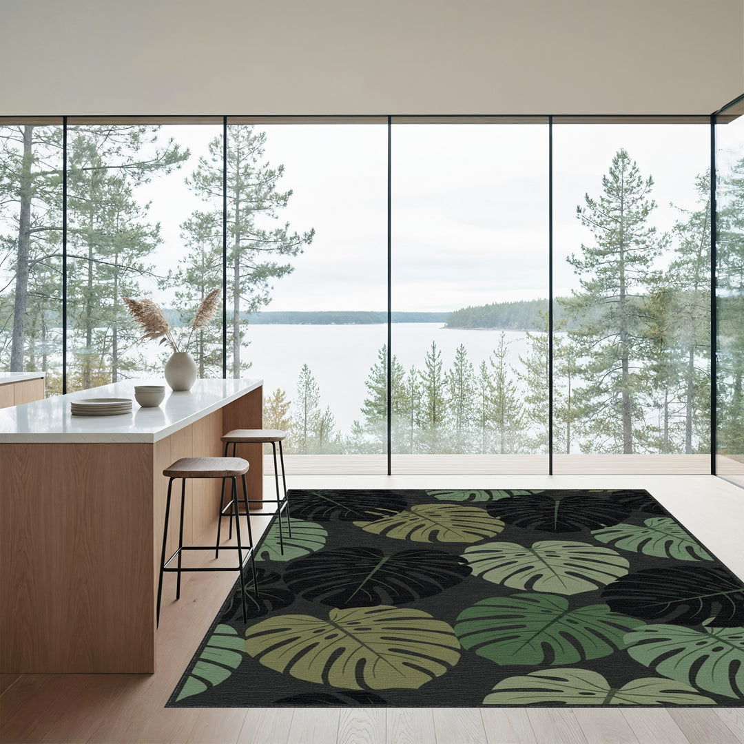 Monstera Leaves Dark Green Woodland Rug