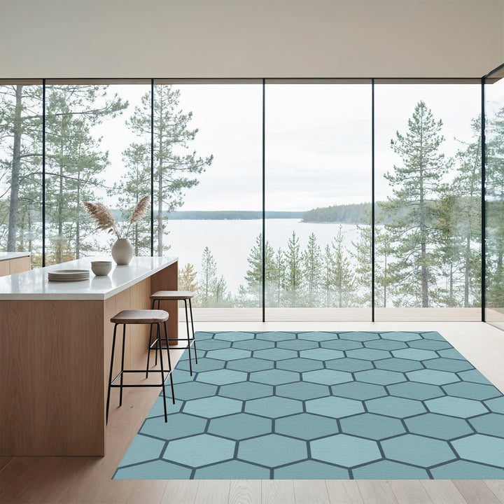 Cool Teal Hexagonal Overlay Rug