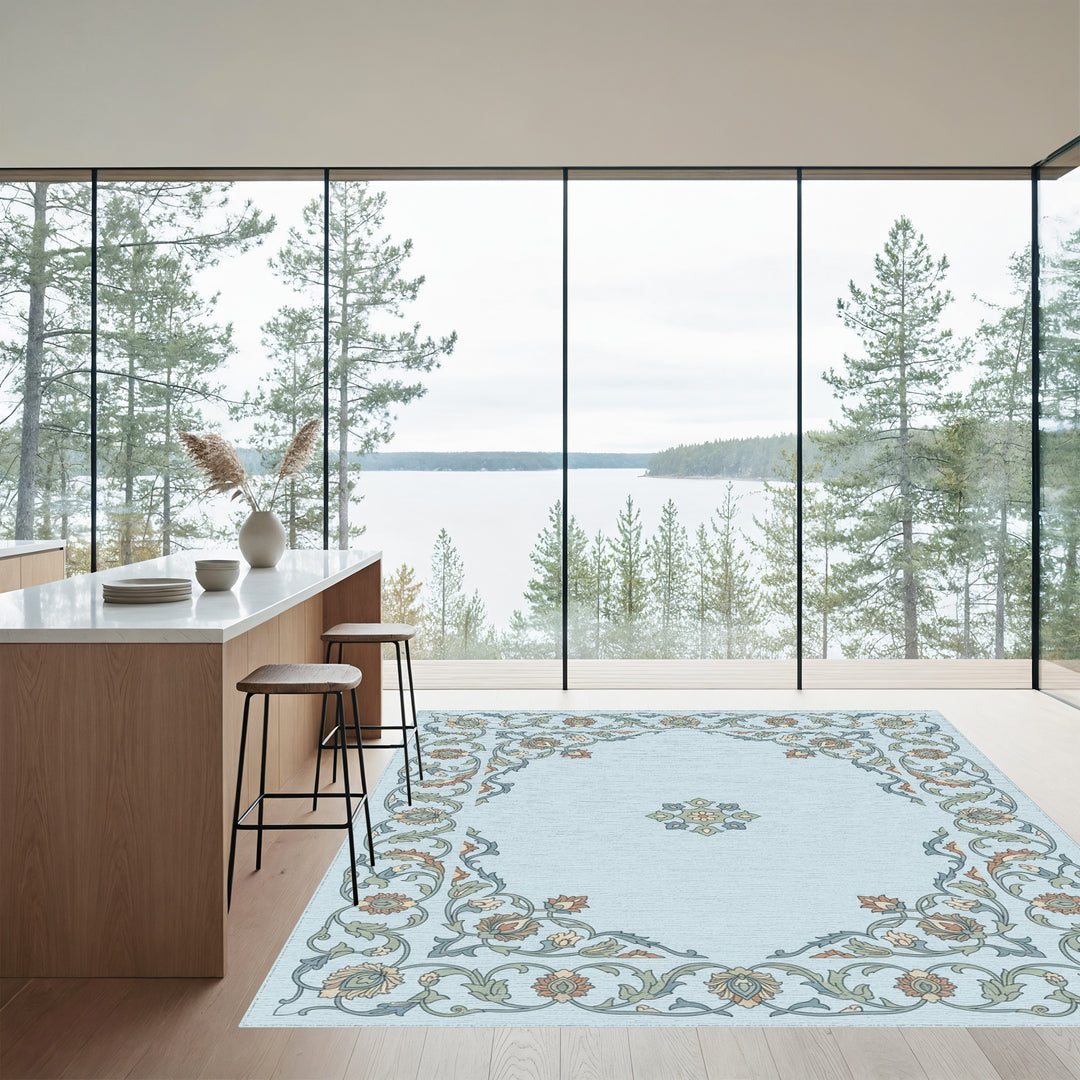Light Blue Floral Garden Medallion Rug