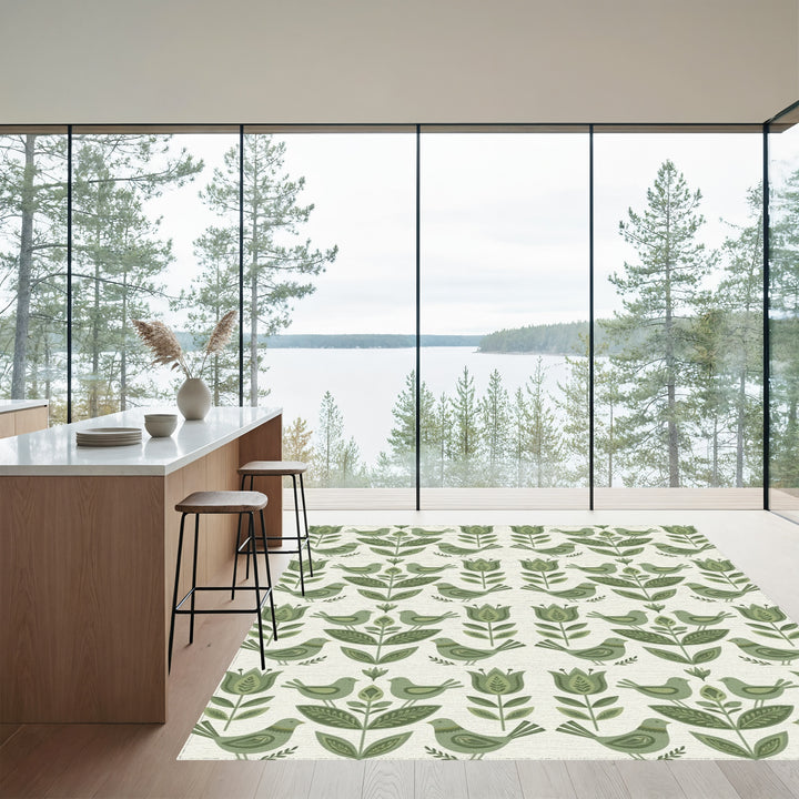 Sage Green Folk Art Bird Floral Rug