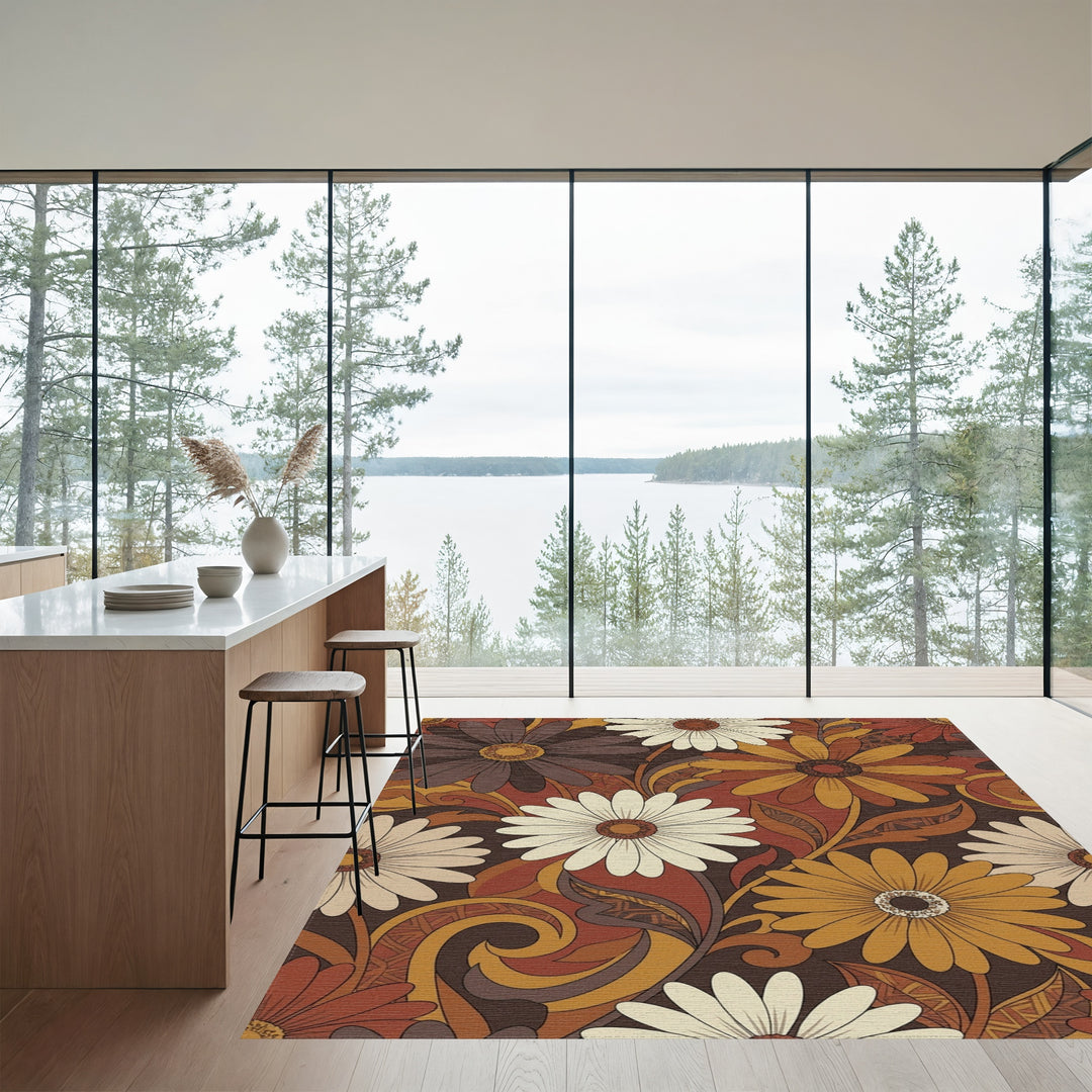 Retro Earthy Tone Floral Daisy Rug