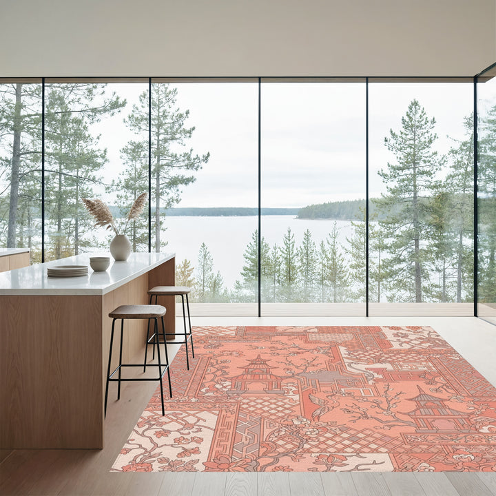 Coral Pagoda Crane Blossom Collage Rug