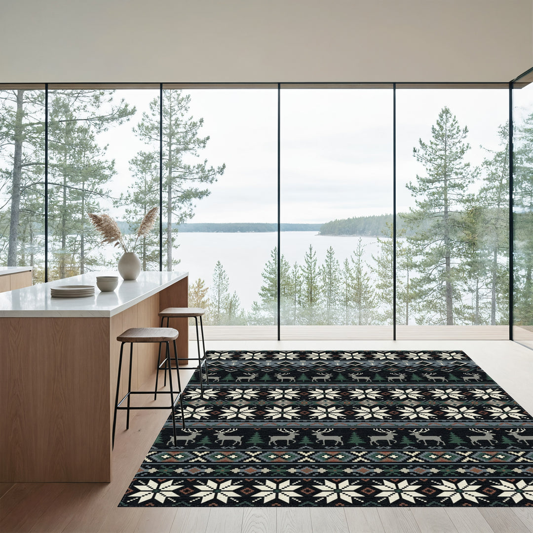 Nordic Winter Deer Snowflake Stripe Rug