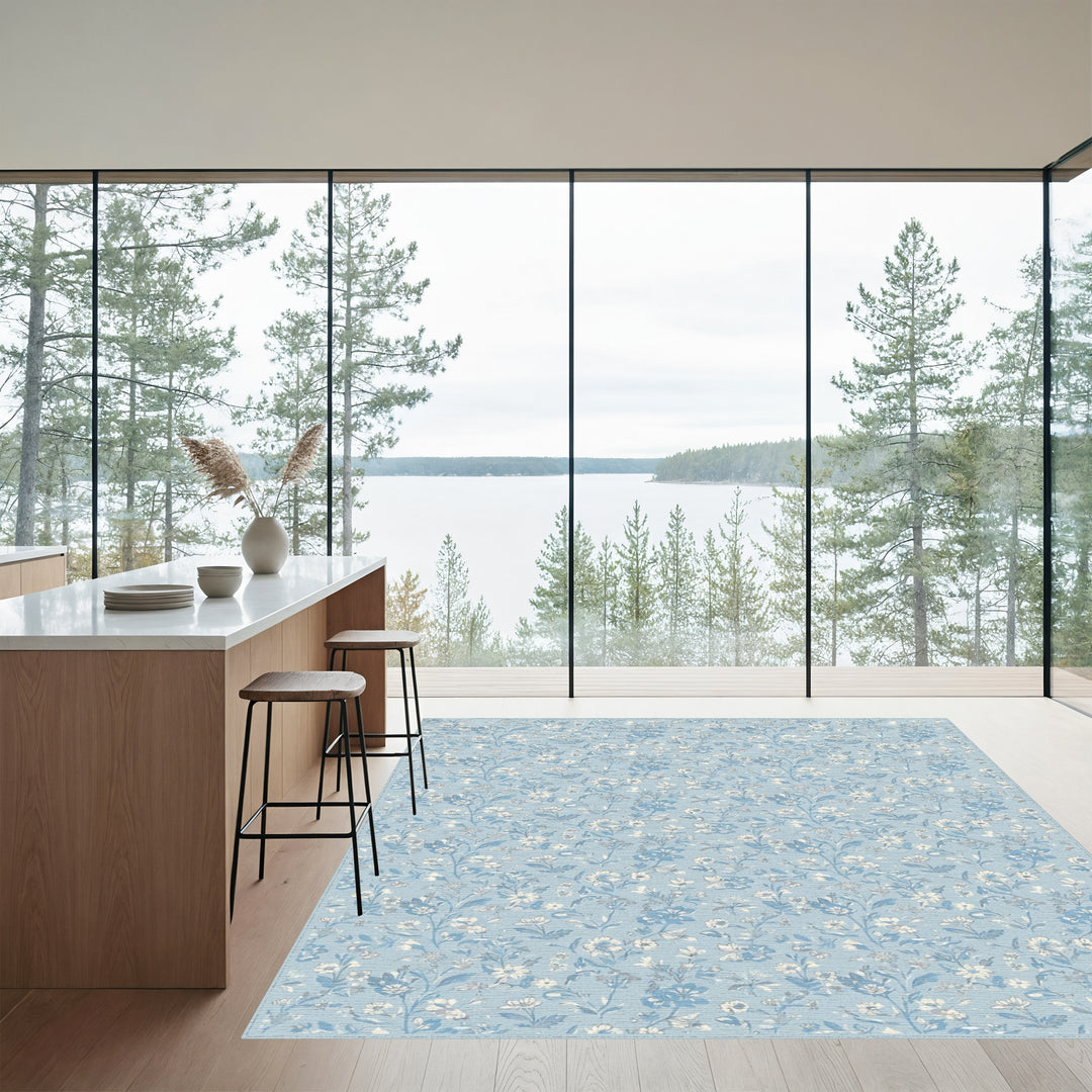 Sky Blue Floral Meadow Garden Rug