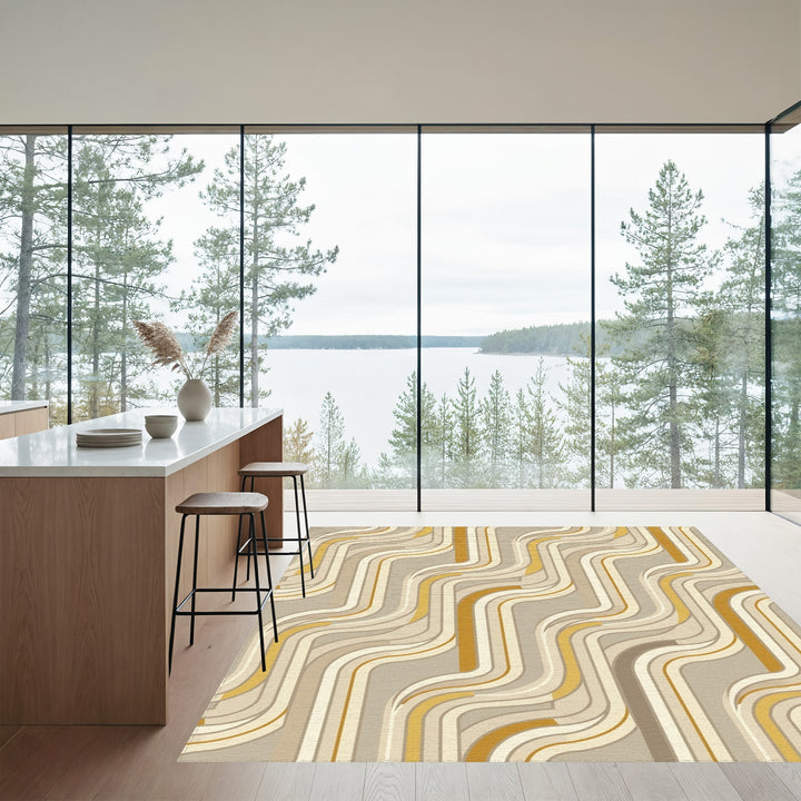 Retro Wavy Stripe Gold Cream Rug