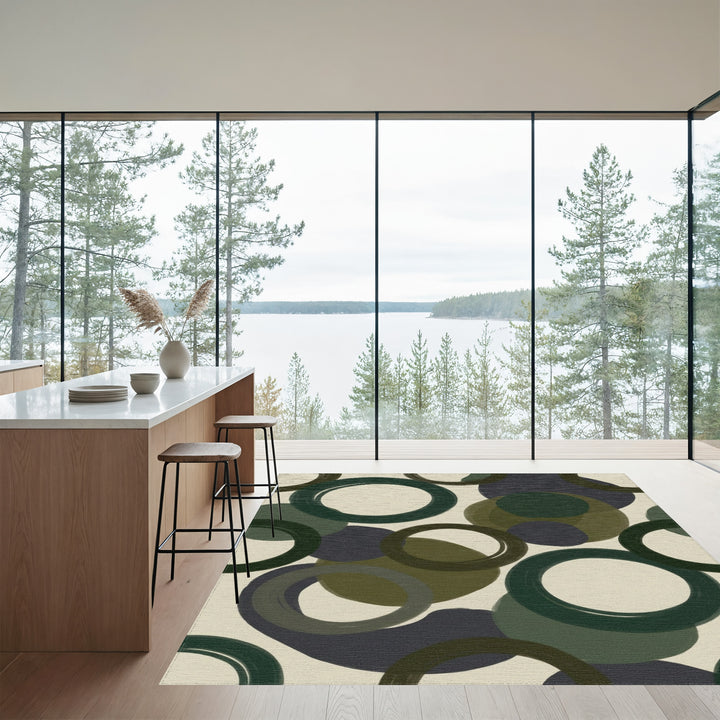 Deep Forest Green Abstract Circles Rug