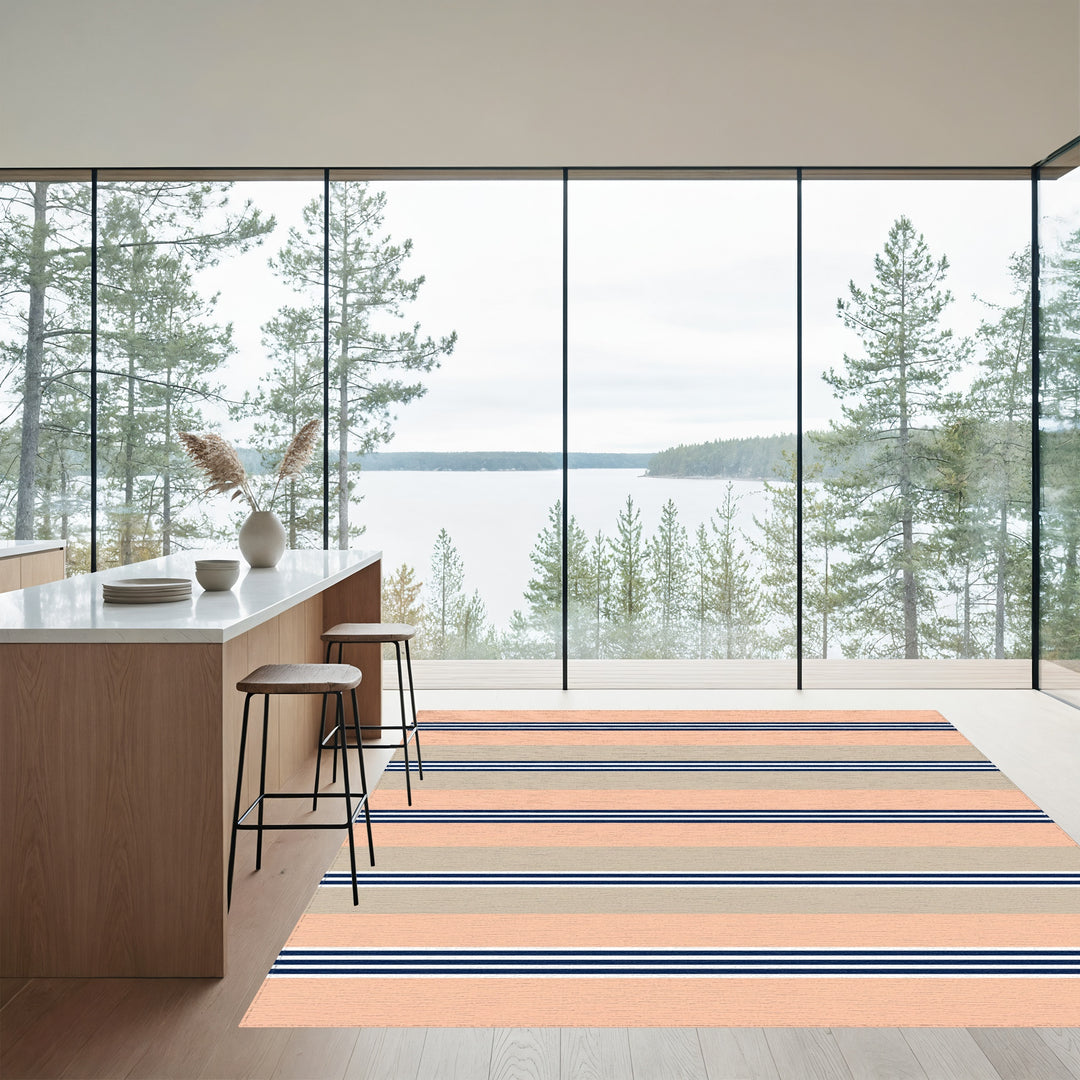 Coral Beige Navy Stripe Rug