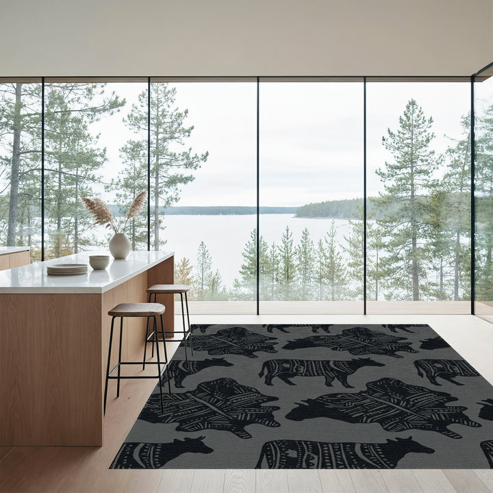 Monochromatic Abstract Cow Folk Art Rug