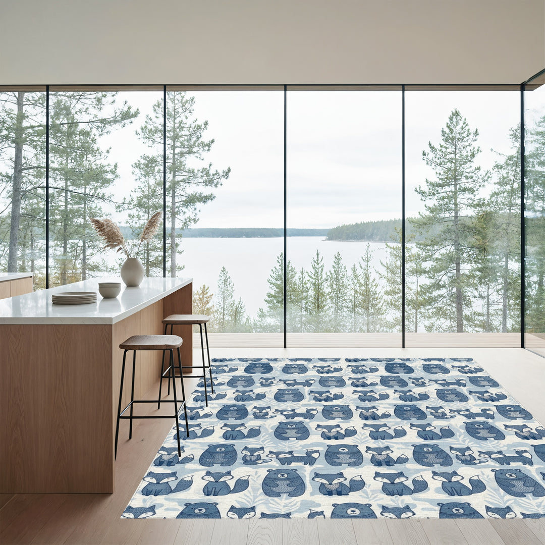 Blue Woodland Bear Fox Whimsical Folk Rug