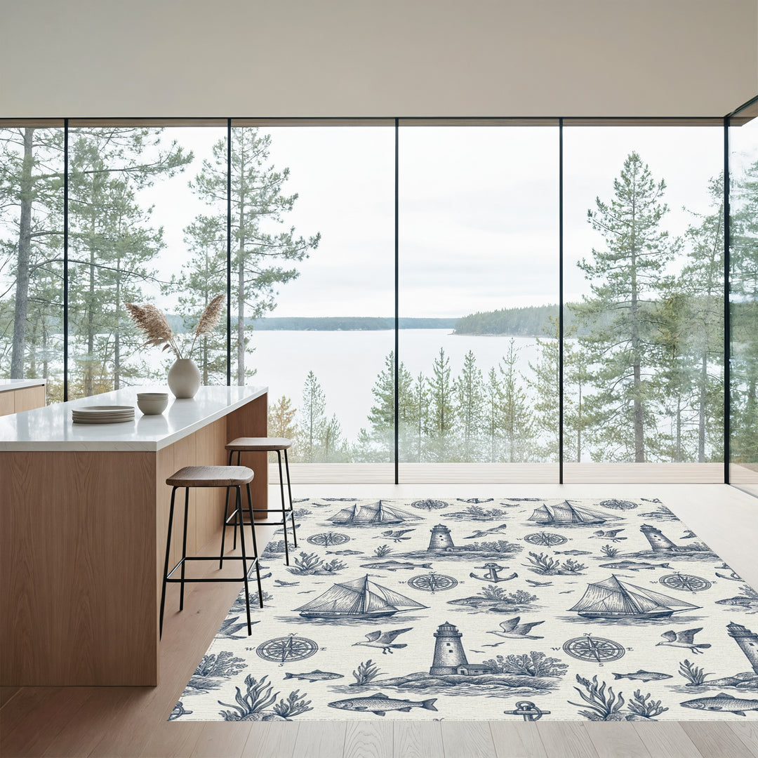 Blue Sailboat Lighthouse Nautical Scene Rug