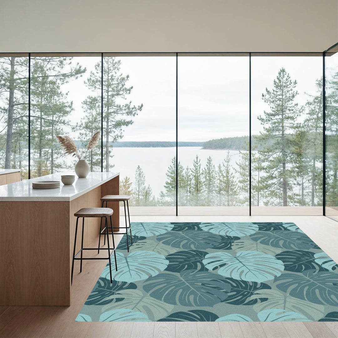 Monstera Leaf Tropical Teal Collage Rug